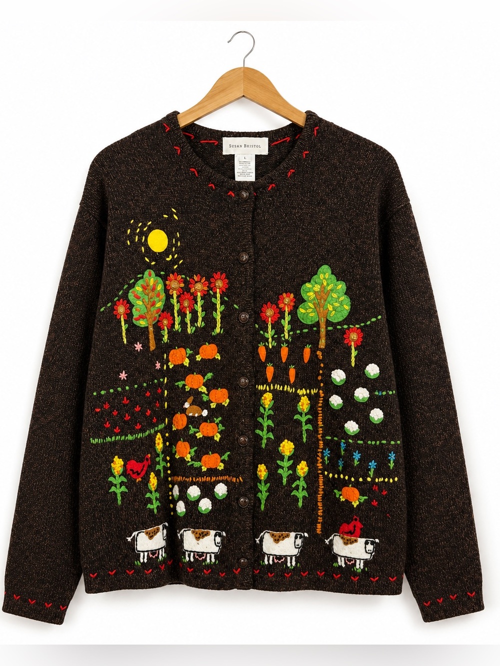 Susan Bristol Hand Embroidered Vintage Farm Garden Cardigan Sweater Cottagecore - Picture 3 of 10